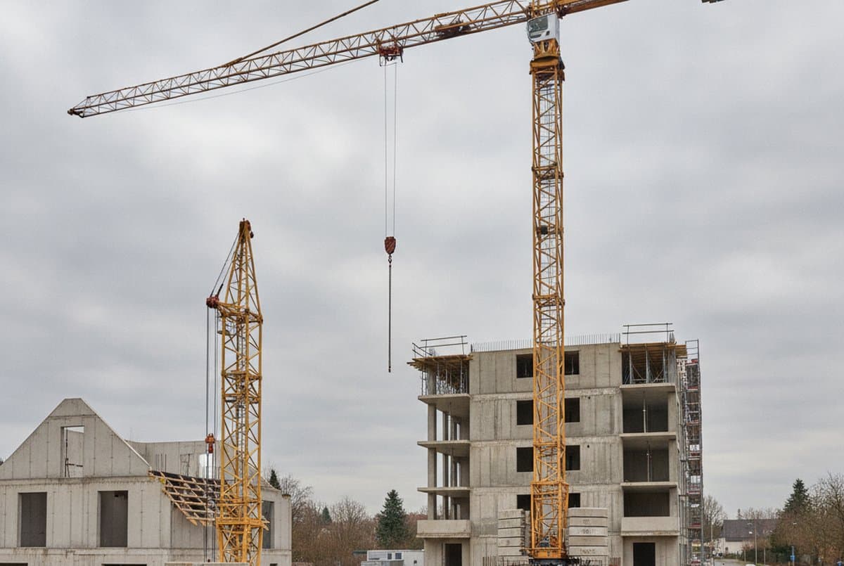 Zwei Baukran-Arten im Vergleich auf einer Baustelle: kompakter selbstaufstellender Untendreher neben einem hohen Obendreher mit Katzausleger und Betonfundament