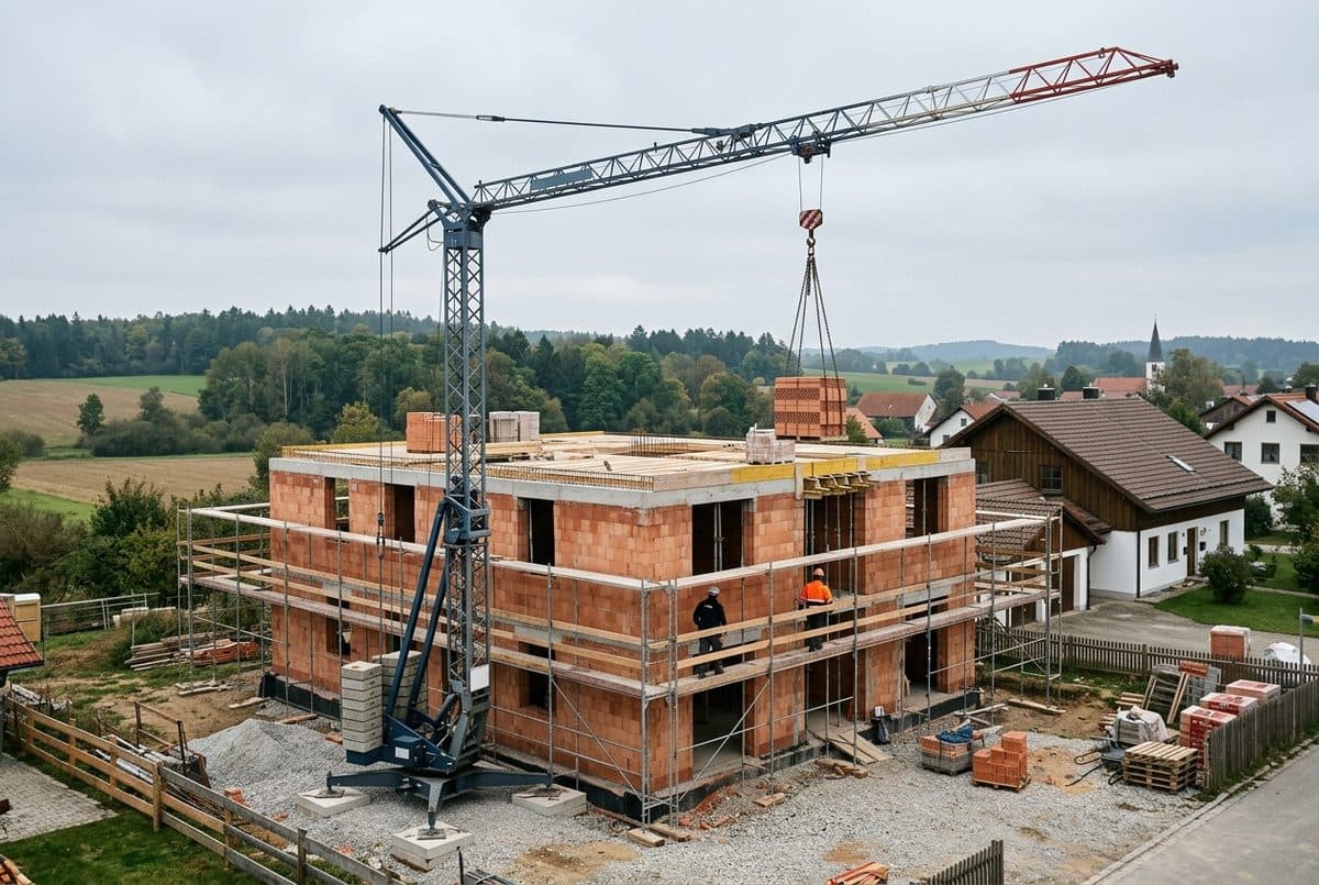 Kompakter Schnellbaukran hebt eine Palette Ziegel über den Rohbau eines Einfamilienhauses mit Gerüst