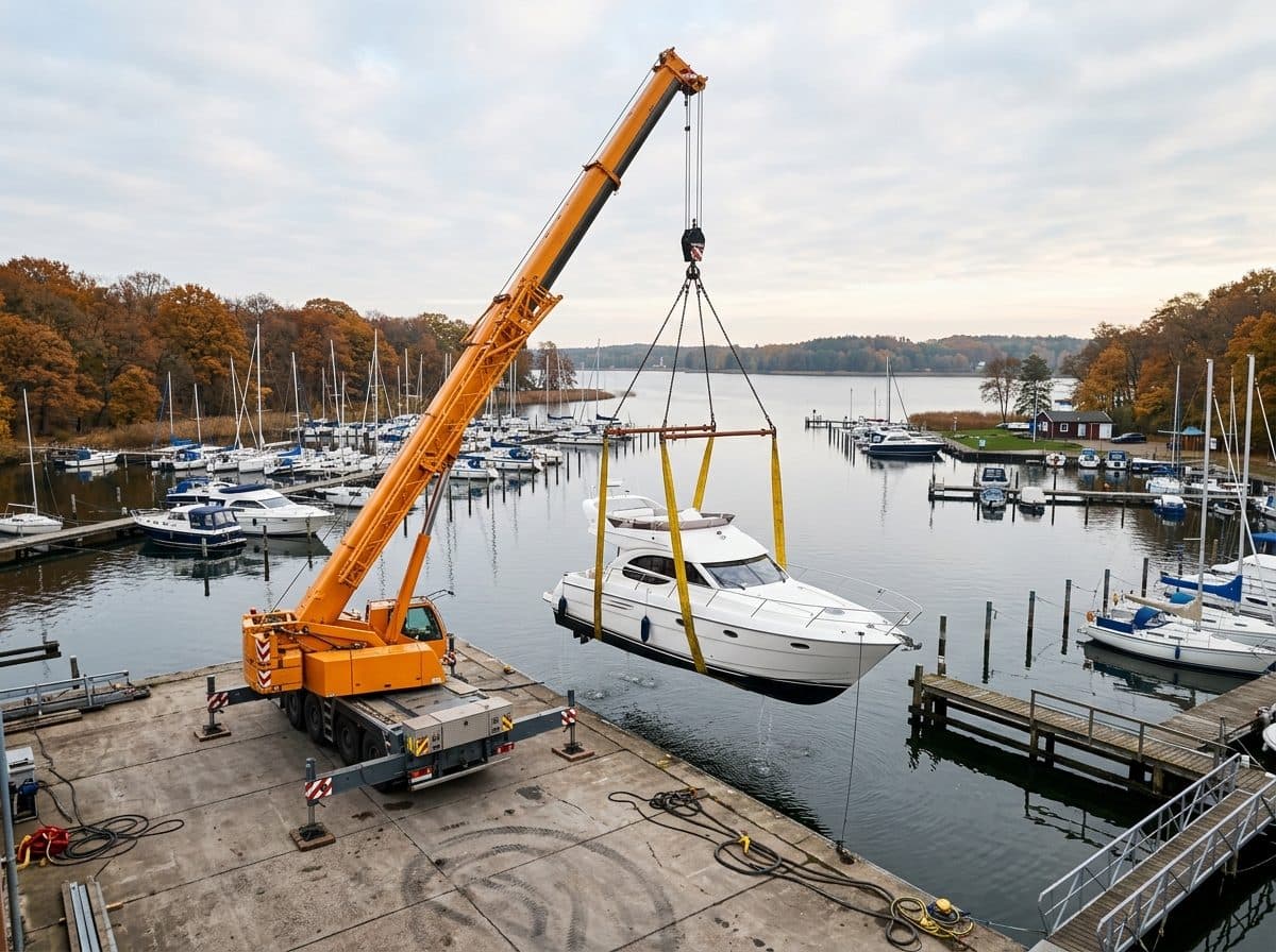 Mobilkran am Kai einer Marina hebt eine weiße Motoryacht an breiten Hebegurten aus dem Wasser, Herbstmorgen am See