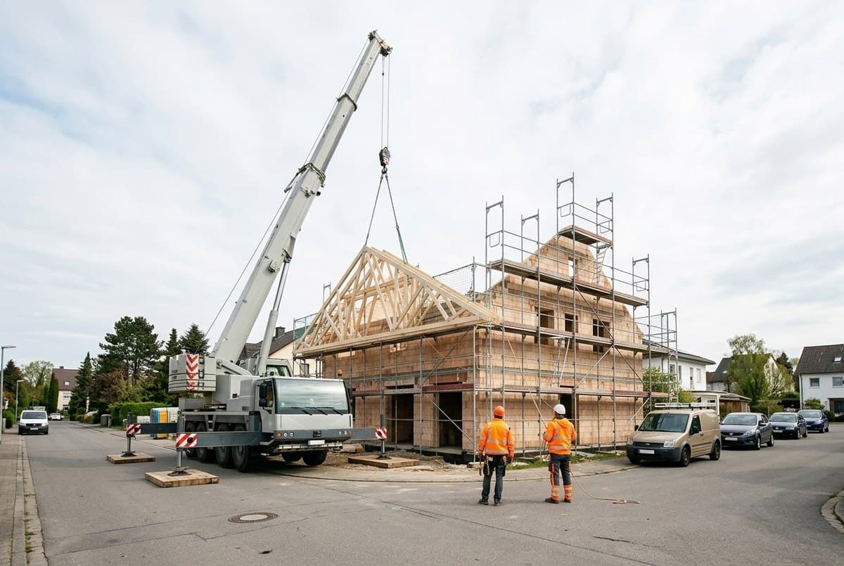 Autokran hebt einen vorgefertigten Dachstuhl auf den eingerüsteten Rohbau eines Einfamilienhauses