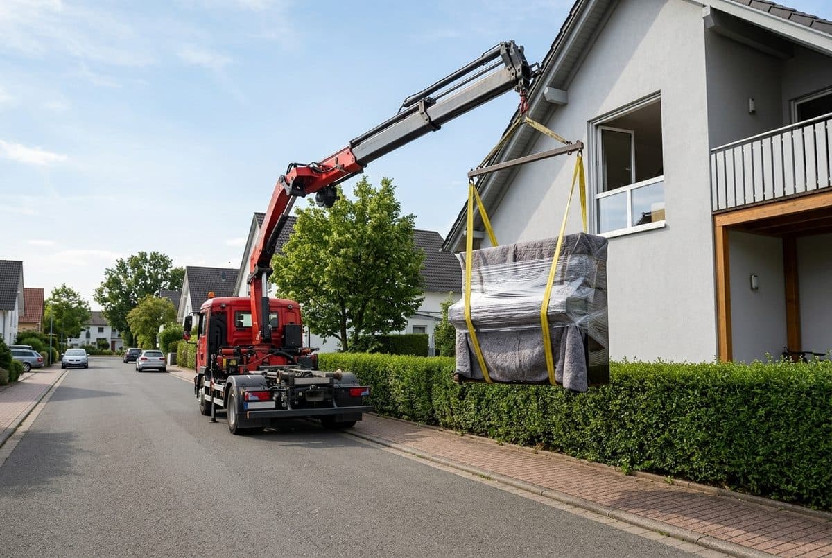 LKW-Ladekran hebt ein verpacktes Klavier an Hebegurten zum offenen Fenster im Obergeschoss eines Einfamilienhauses