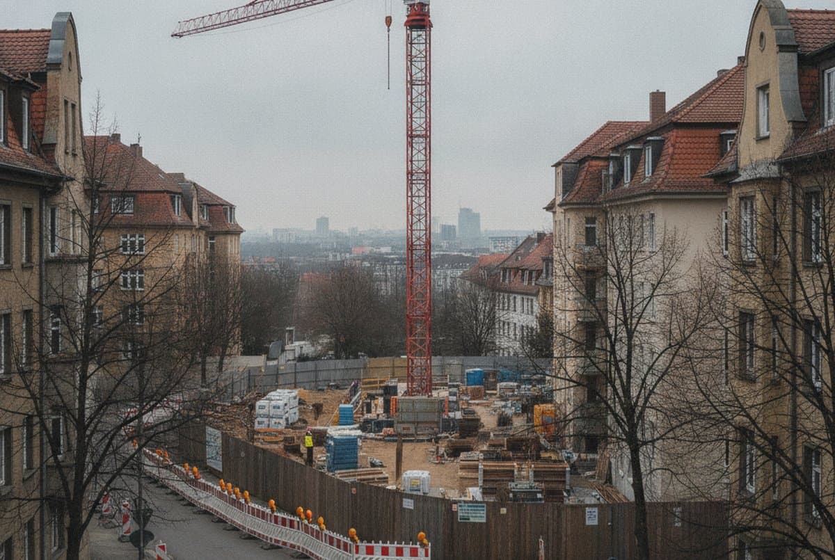 Baukran auf einer eingezäunten Baustelle zwischen Wohnhäusern, davor Absperrschranken auf der halbseitig gesperrten Straße