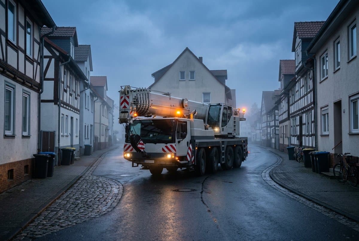 Mobilkran mit eingeschalteten Warnleuchten früh am Morgen auf einer nassen, engen Ortsstraße