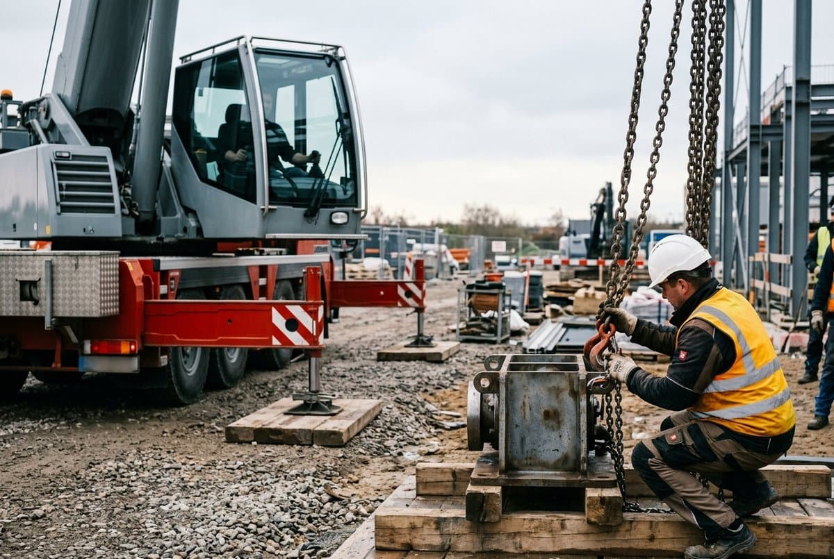 Baustelle mit Mobilkran: Der Kranführer sitzt in der Kabine, ein Anschläger in Warnweste befestigt Kettengehänge an einem Stahlbauteil auf Holzunterlagen