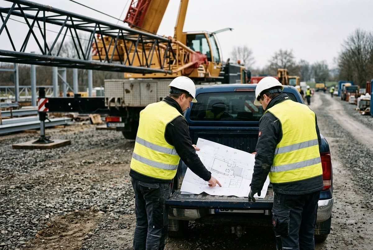 Zwei Personen mit Helm und Warnweste besprechen den Einsatzplan auf einer Ladefläche vor einem Kran
