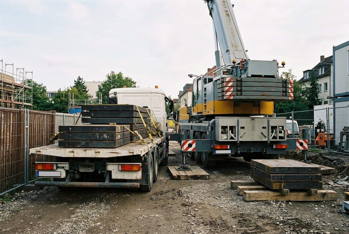 Mobilkran und ein zweiter LKW mit Gegengewichtsplatten auf der Baustelle: zwei Fahrzeuge für einen einzigen Einsatz