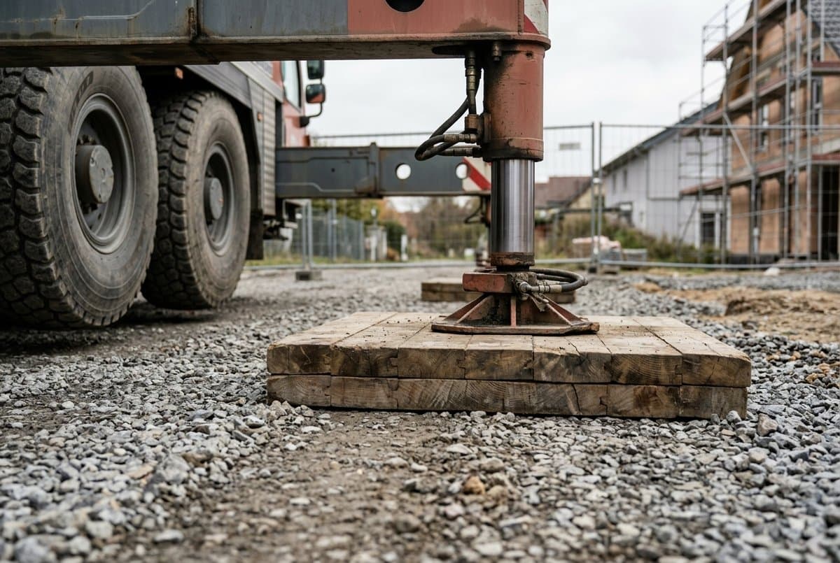 Abgestützter Autokran auf einer Baustelle: Hydraulikstütze steht auf einer Unterlegplatte aus Hartholzbohlen, die auf verdichtetem Schotter liegt, im Hintergrund ein eingerüsteter Rohbau