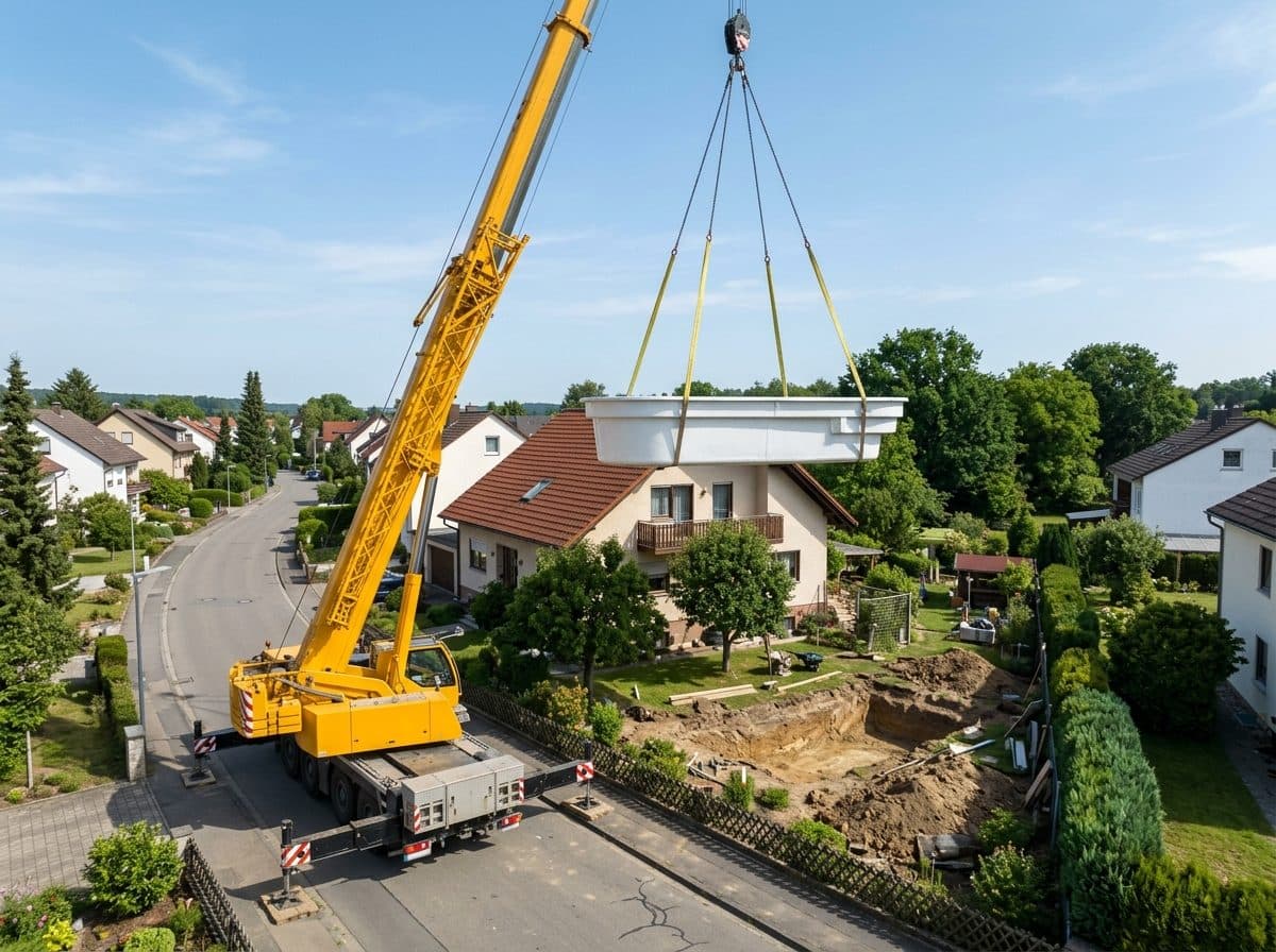 Mobilkran hebt ein weißes GFK-Poolbecken an gelben Hebegurten über ein Einfamilienhaus, im Garten dahinter die ausgehobene Baugrube