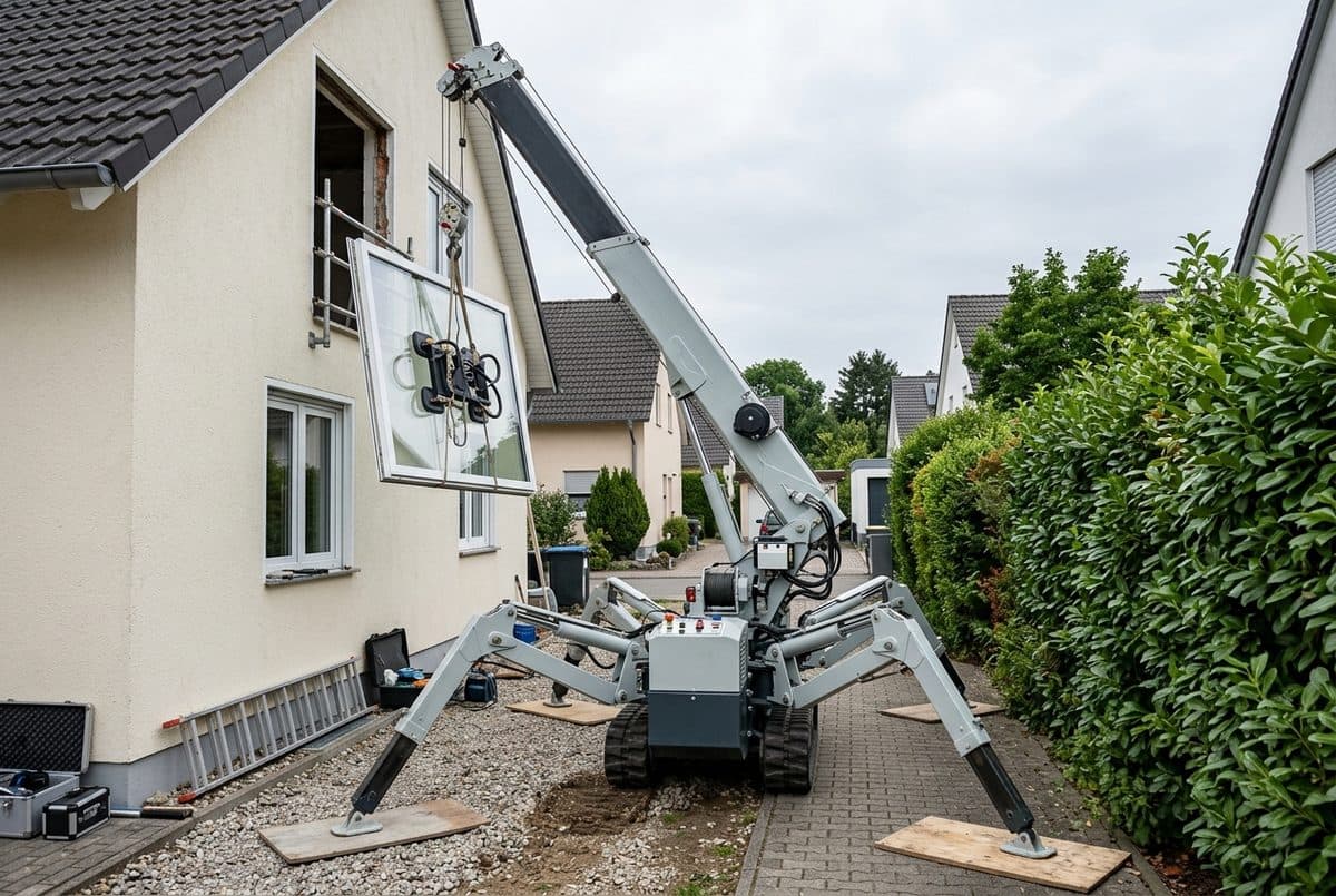 Spinnenkran mit ausgeklappten Stützbeinen hebt eine Fensterscheibe mit Vakuumsauger in eine Fensteröffnung