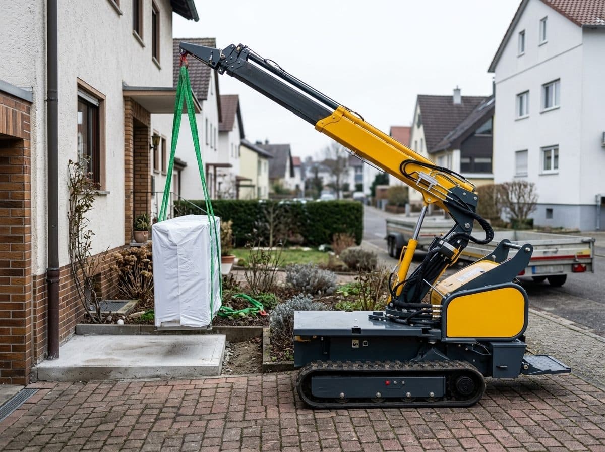 Raupen-Minikran hebt eine verpackte Wärmepumpen-Außeneinheit auf ein Betonfundament neben der Hauswand