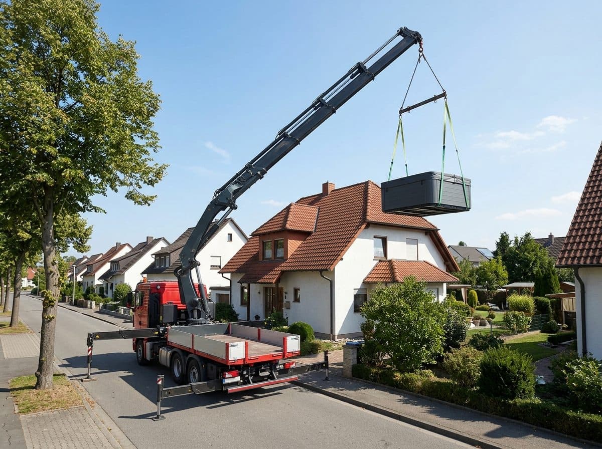 Ladekran mit Knickarm hebt einen dunkelgrauen Whirlpool an Hebegurten über das Dach eines Einfamilienhauses in den Garten, ruhige Wohnstraße